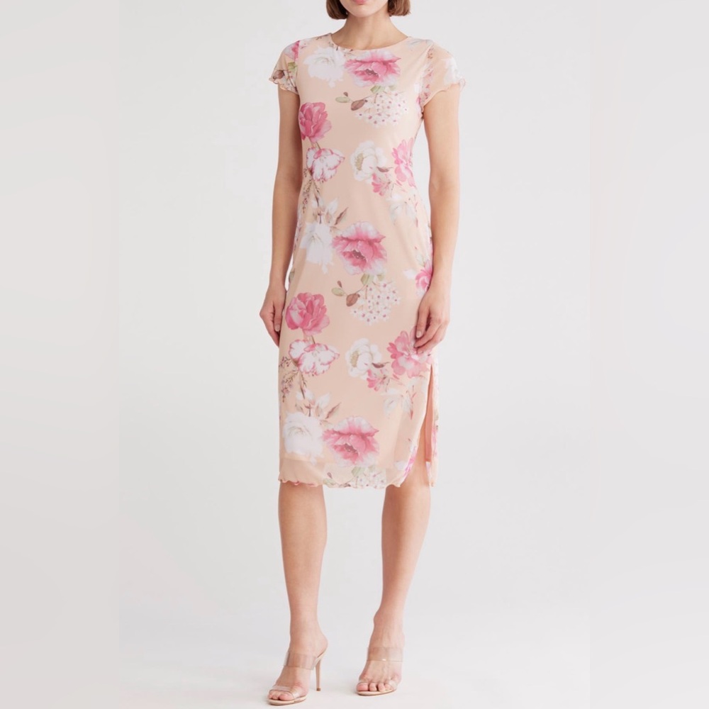 Bebe Peach Floral Print Power Mesh T-Shirt Maxi Dress
